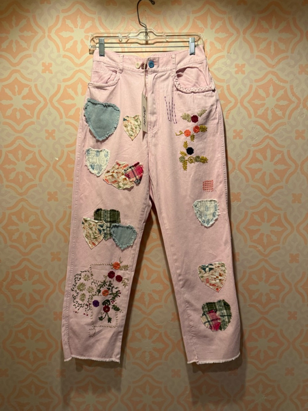 Embroidered Light Pink Boyfriend Jeans with Patchwork Hearts